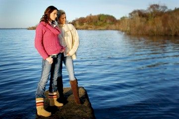 Two women wearing Aran sweaters